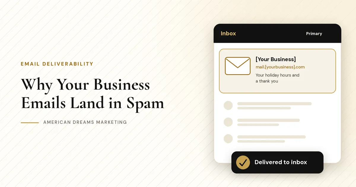 Email inbox card with a gold check mark reading Delivered to inbox, sent from mail.[yourbusiness].com, next to the post title