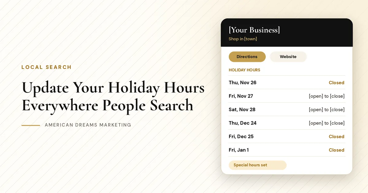 Business listing card showing holiday hours for Thanksgiving, Black Friday, Small Business Saturday, Christmas Eve, Christmas and New Year's Day, next to the post title