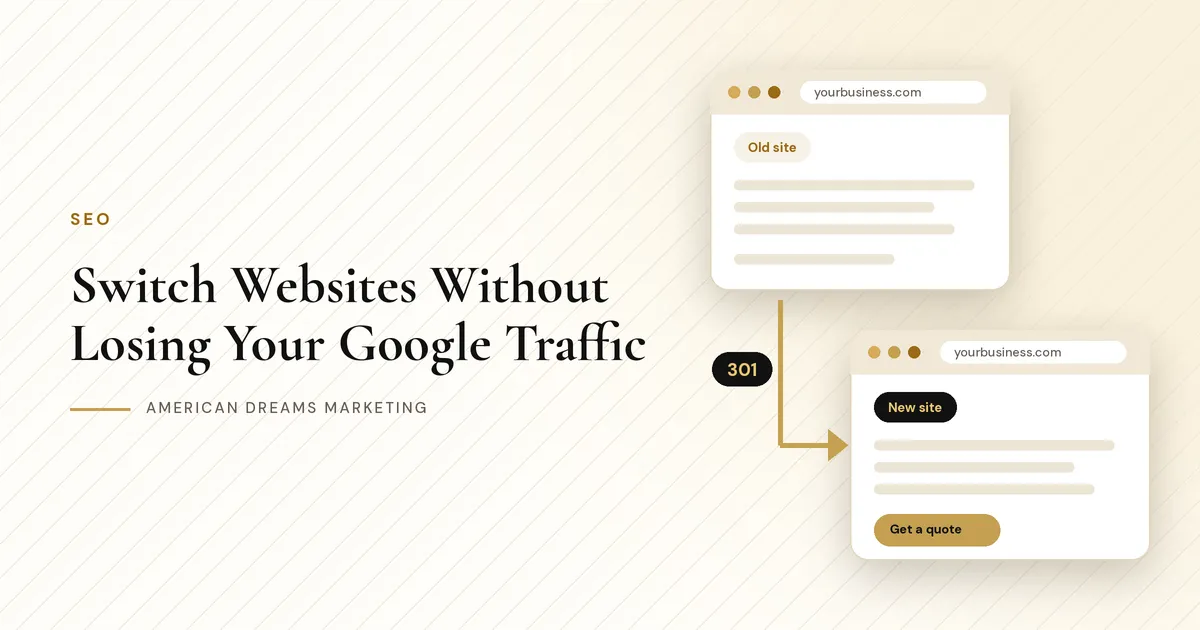 Two browser windows labeled old site and new site, joined by a gold arrow marked 301
