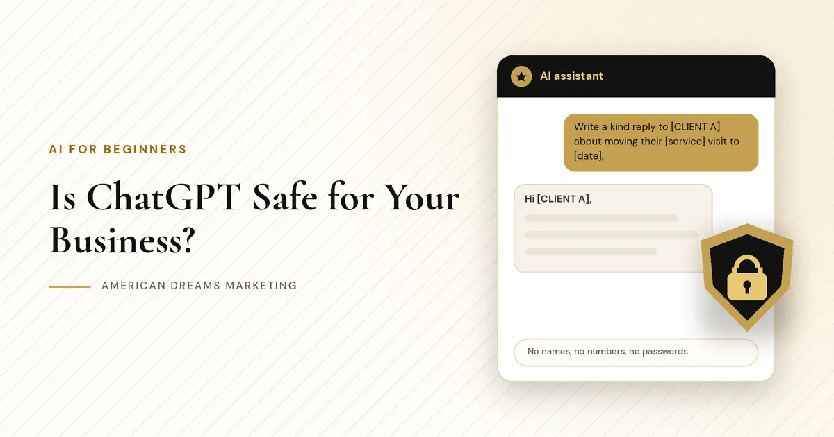 AI chat window with a customer name replaced by the placeholder [CLIENT A] and a gold shield with a lock, next to the post title