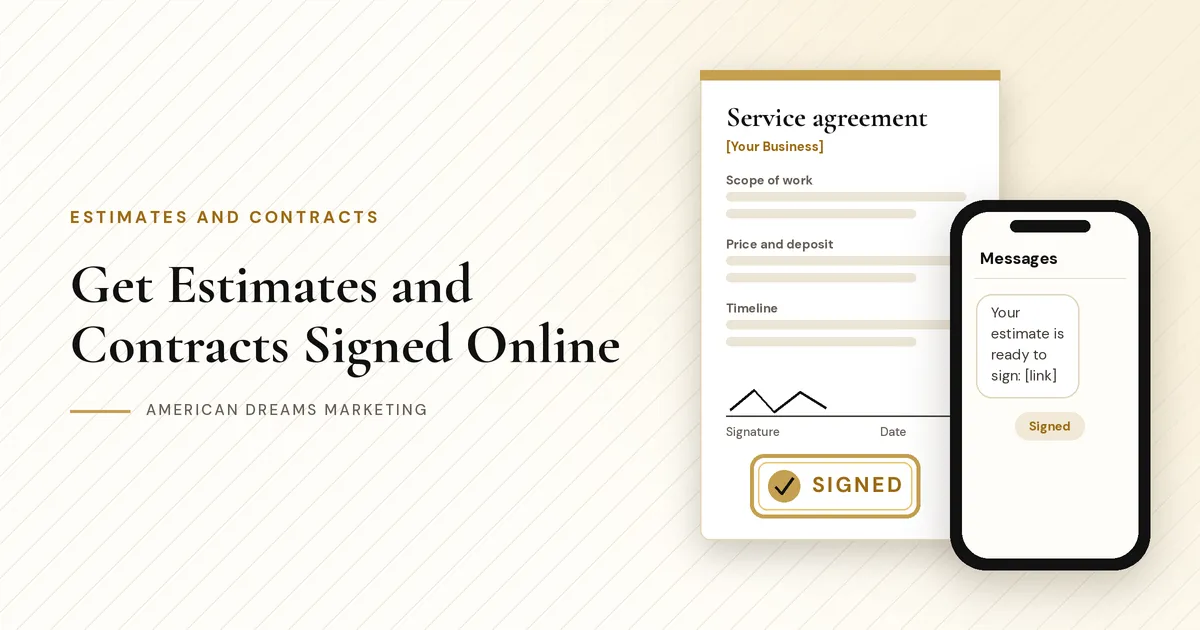 Service agreement with a signature line and a gold Signed stamp, next to a phone showing a document ready to sign