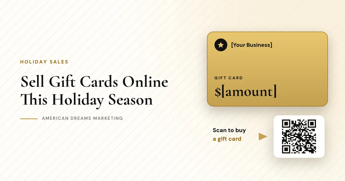 Gold digital gift card reading [Your Business], Gift card, $[amount] with a small QR code, next to the post title