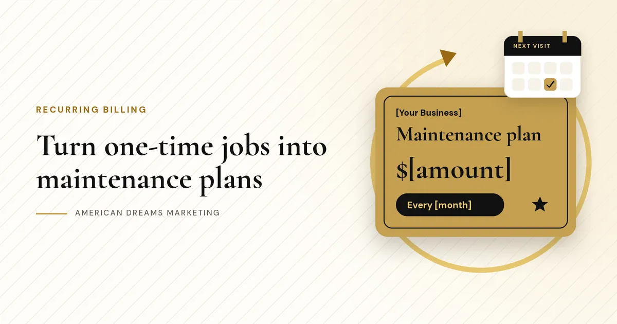 Gold maintenance plan card reading [Your Business], Maintenance plan, $[amount], Every [month], inside a circular arrow with a small calendar tag