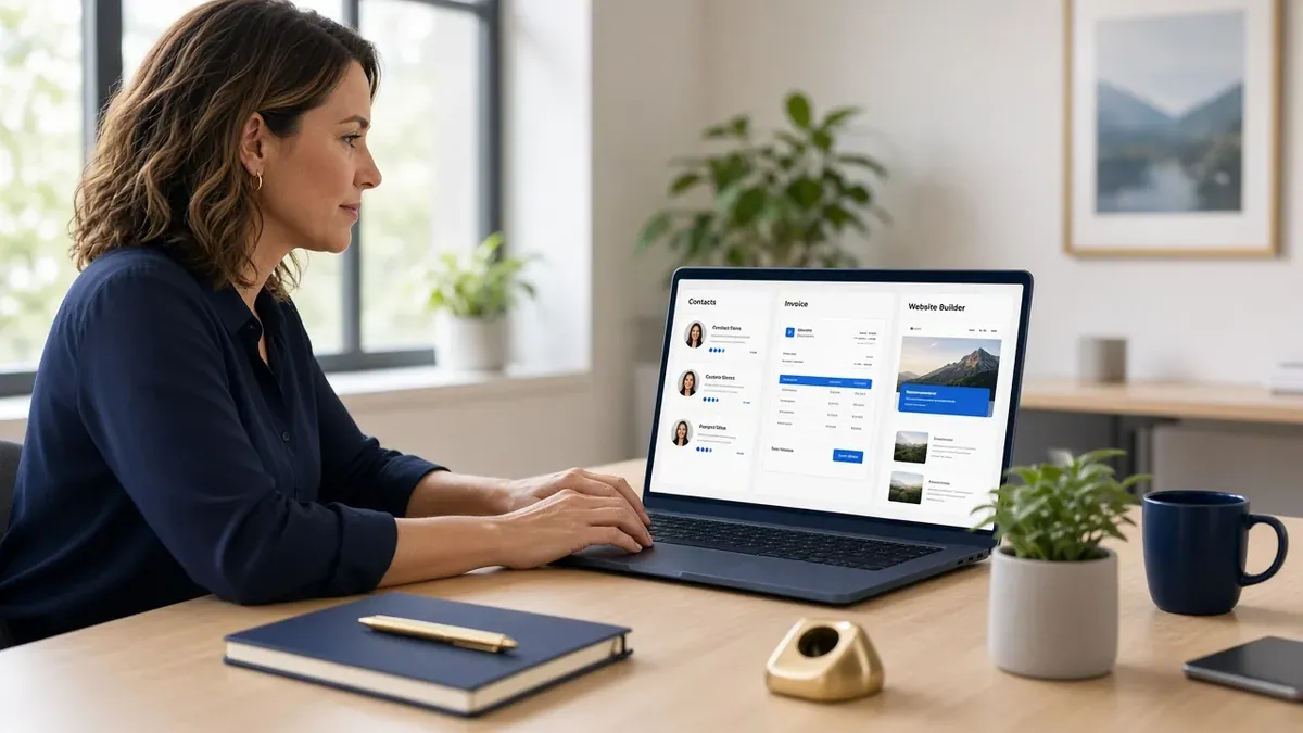 Small business owner at a laptop reviewing a CRM, invoicing, and website dashboard in a bright office.