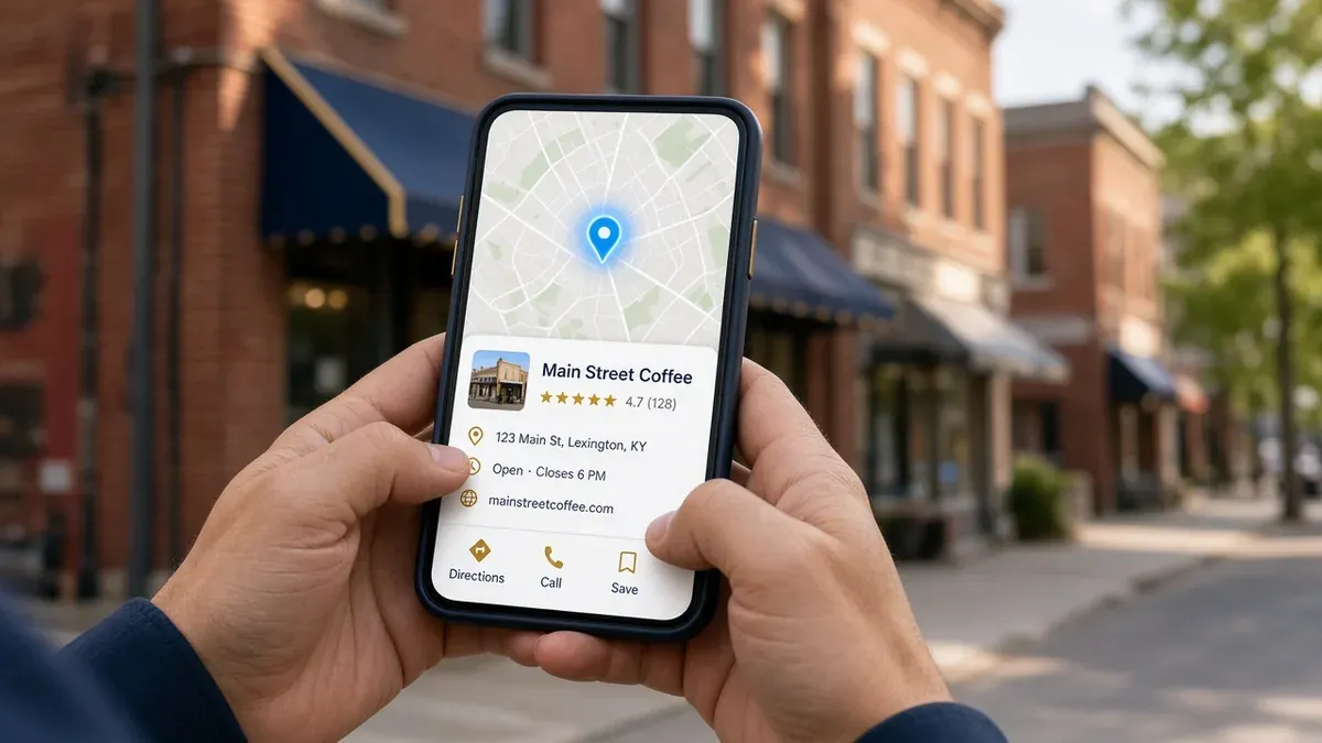 Hands holding a phone showing a local business map listing on a Kentucky Main Street sidewalk.