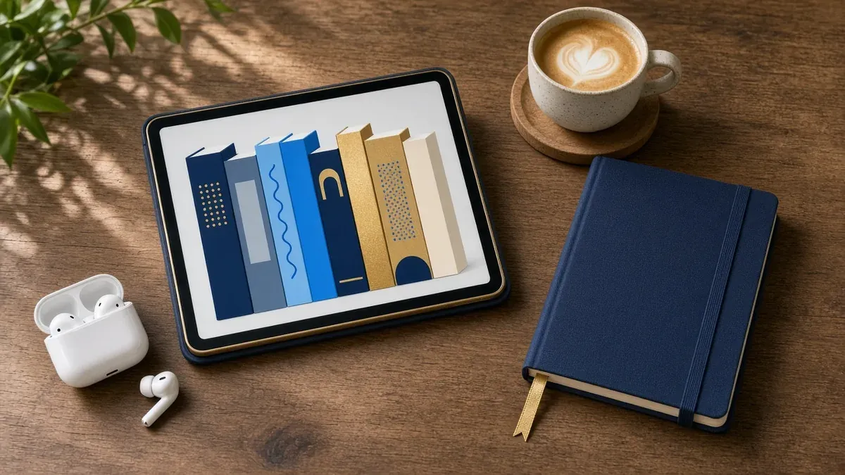 Flat-lay of a tablet with digital beginner guides beside a notebook, earbuds, and coffee on a wooden desk.
