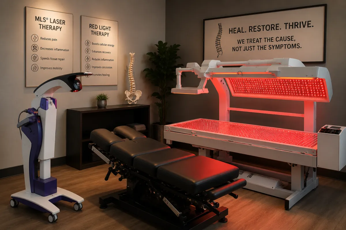 Chiropractic clinic room with MLS laser and red light therapy devices, illustrating what to expect during your first session.