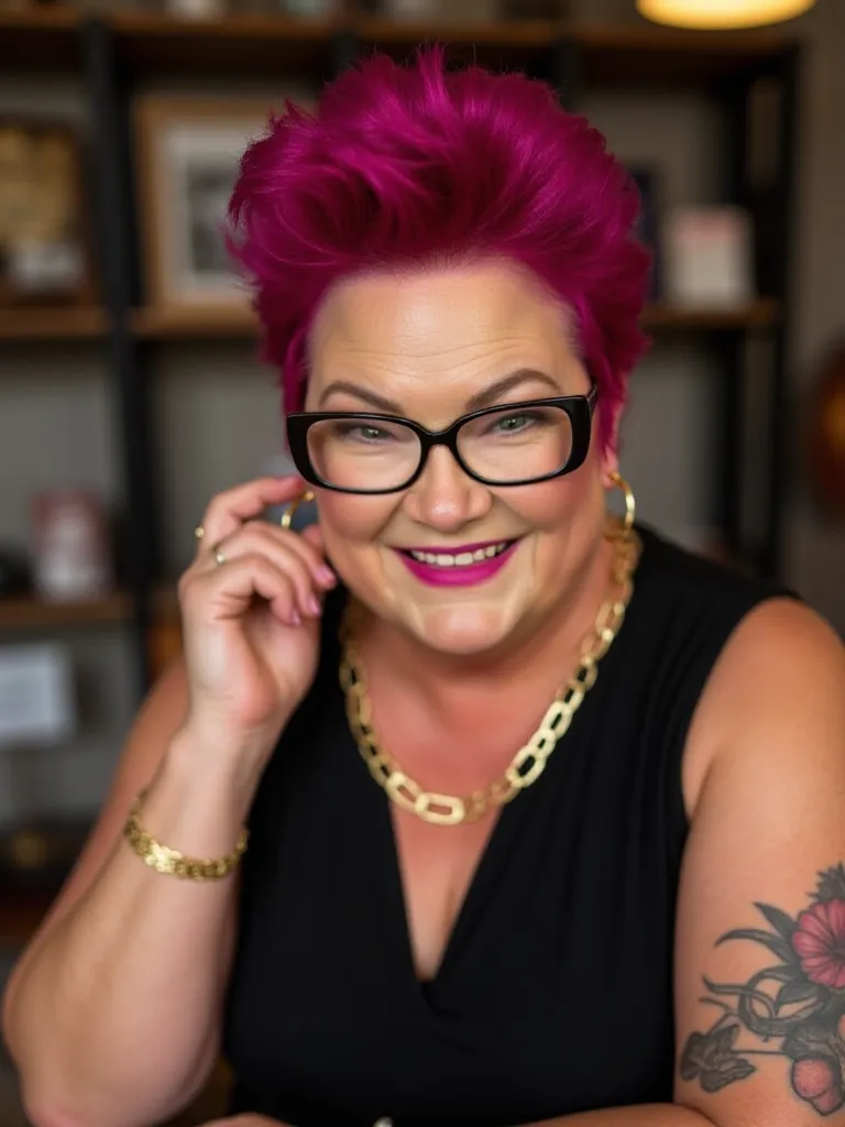 Portrait of Cindy Strong smiling in a sunlit studio with design sketches and digital screens.