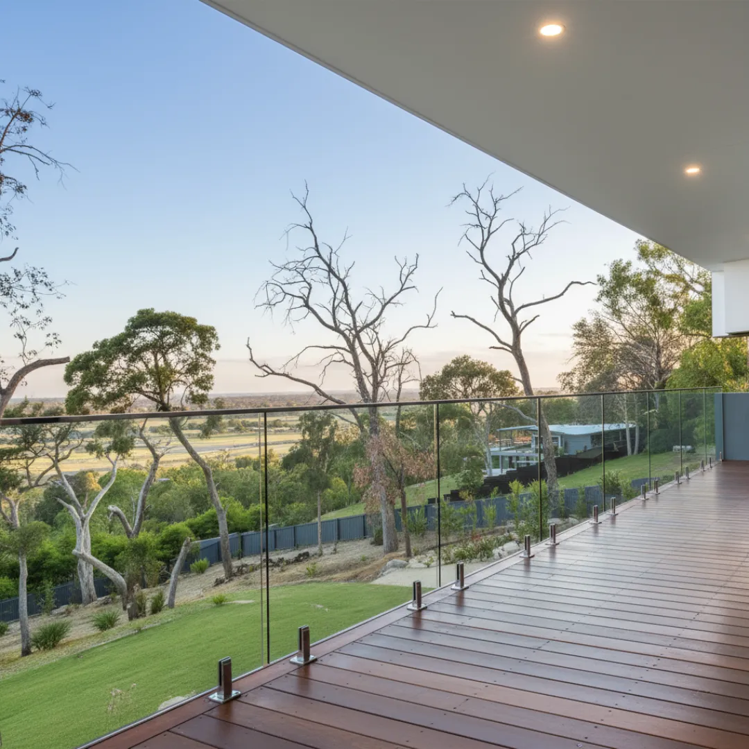 Frameless spigot‑mounted glass balcony fence with landscaping view