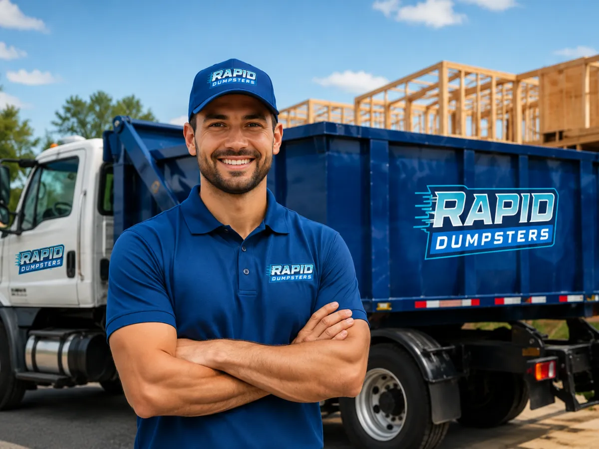 Overflowing dumpster with trash and a sign