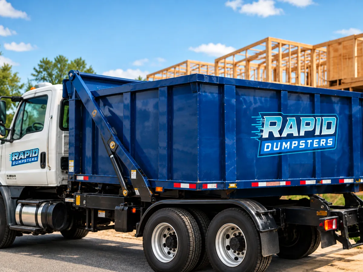 Overflowing dumpster with trash and a sign