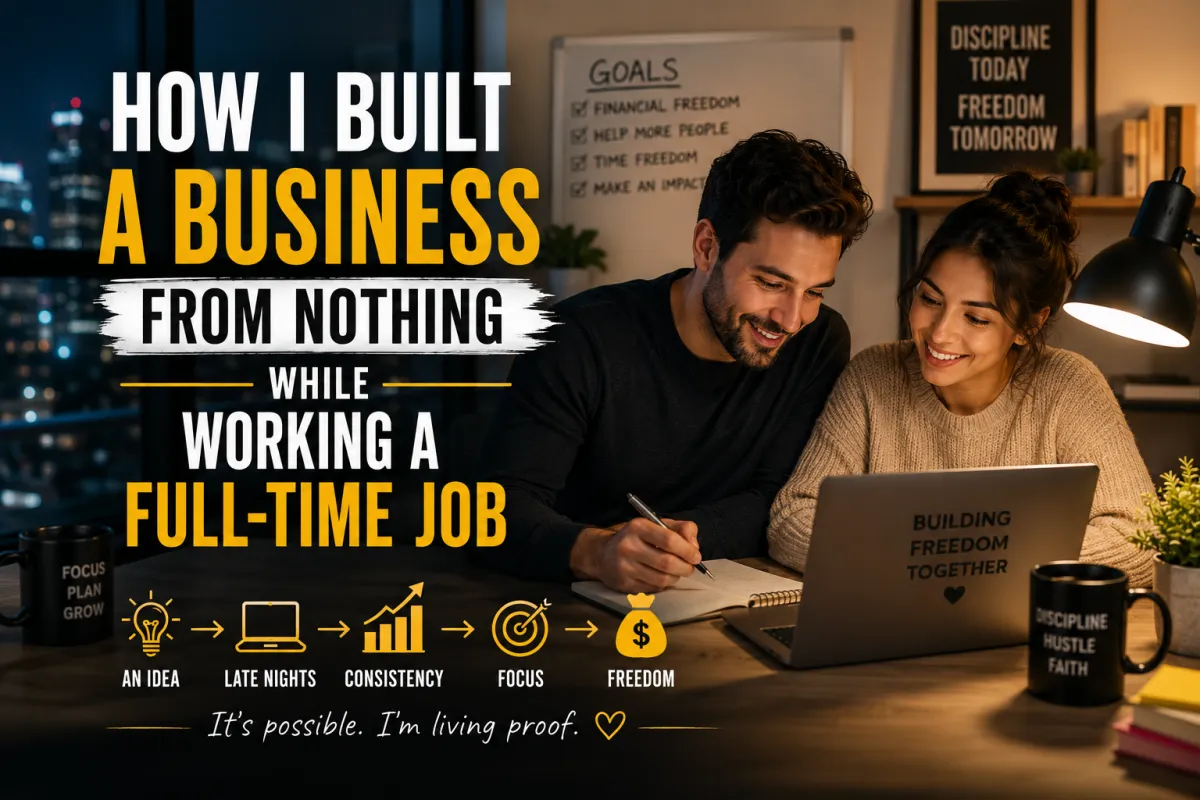 A man and woman smiling while working together at a laptop at night, with the title "How I Built a Business From Nothing While Working a Full-Time Job