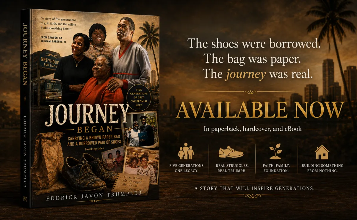 Journey Began book cover — a brown paper bag and a borrowed pair of shoes, the business memoir by Eddrick Trumpler