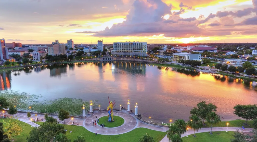 Downtown Winter Haven waterfront at sunset on the Chain of Lakes