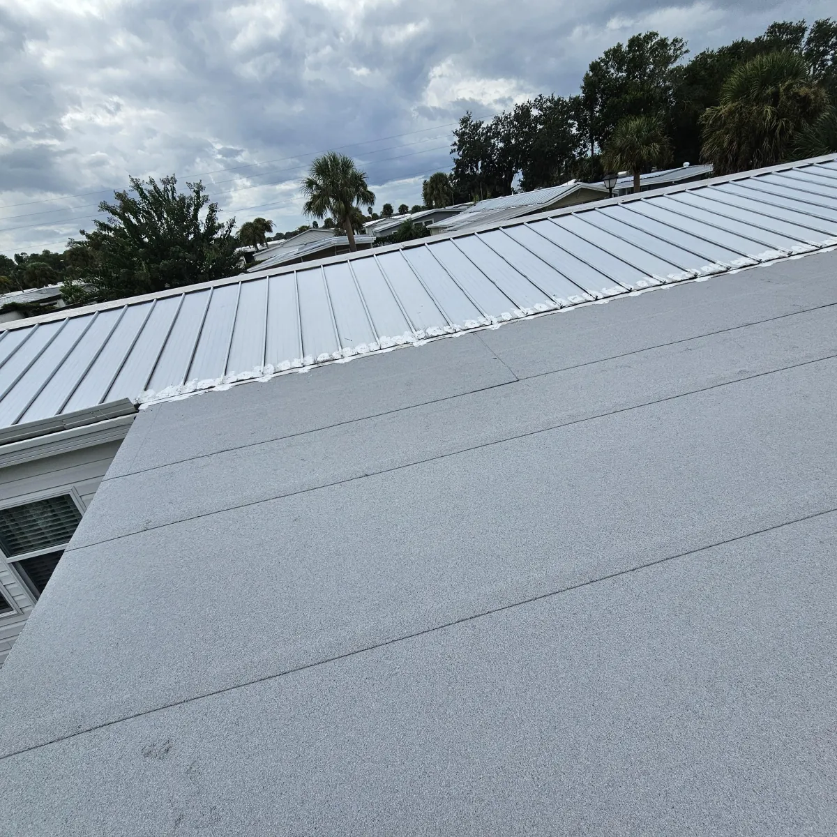 Gray flat roof beside standing-seam metal section; clean seams at transition.