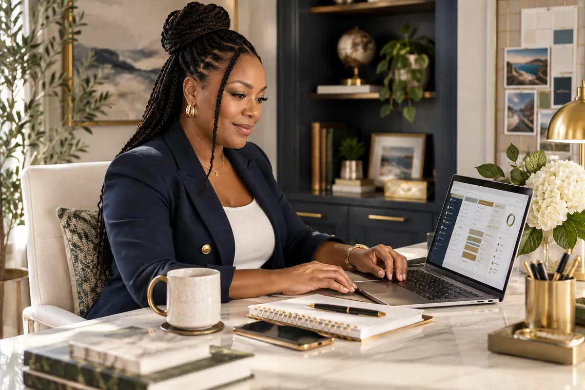 Woman working at a desk on a laptop, professional office setting, warm lighting