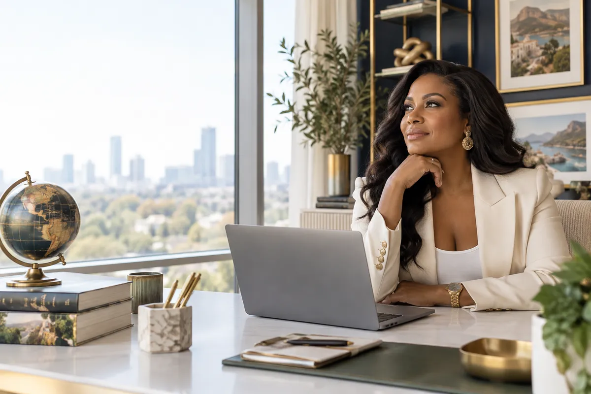 Mockup of an iPad showing a clean website design with a photo of a woman in a bright office environment