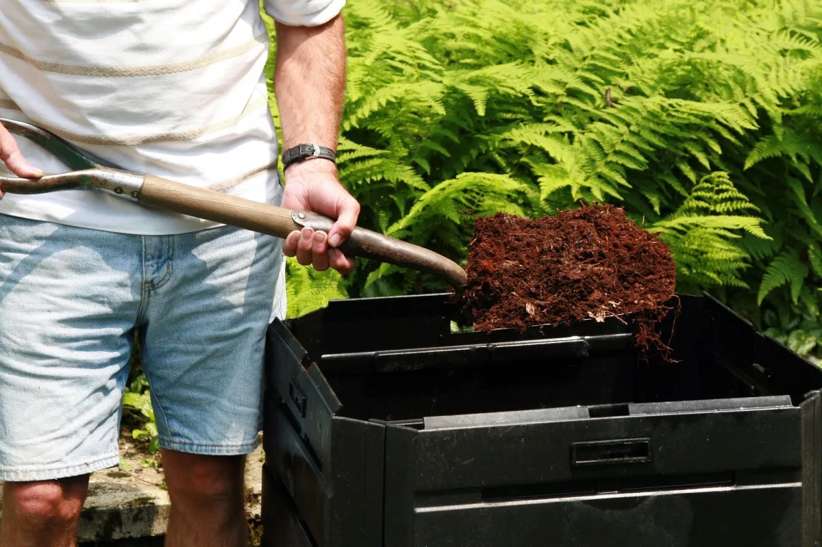 scooping out compost from a barrel