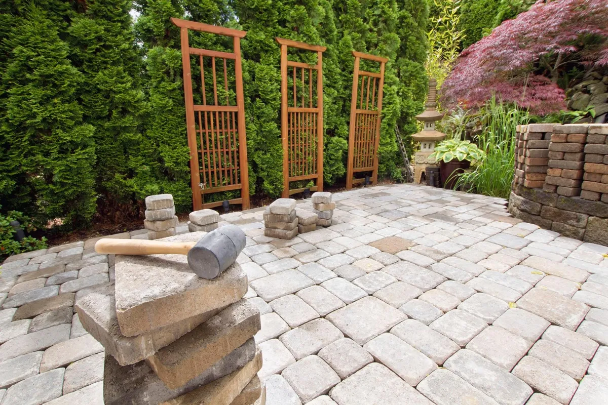 a stone patio in progress