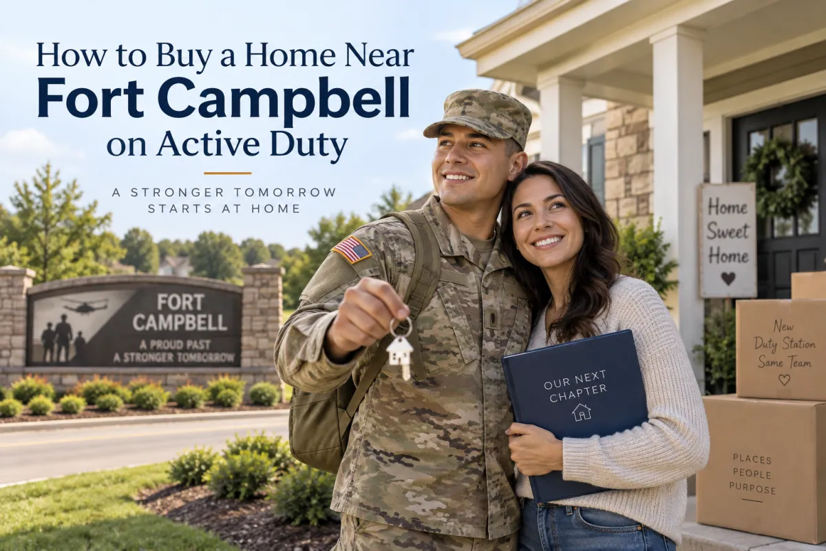 Active-duty soldier and spouse buying a home near Fort Campbell with house keys and moving boxes