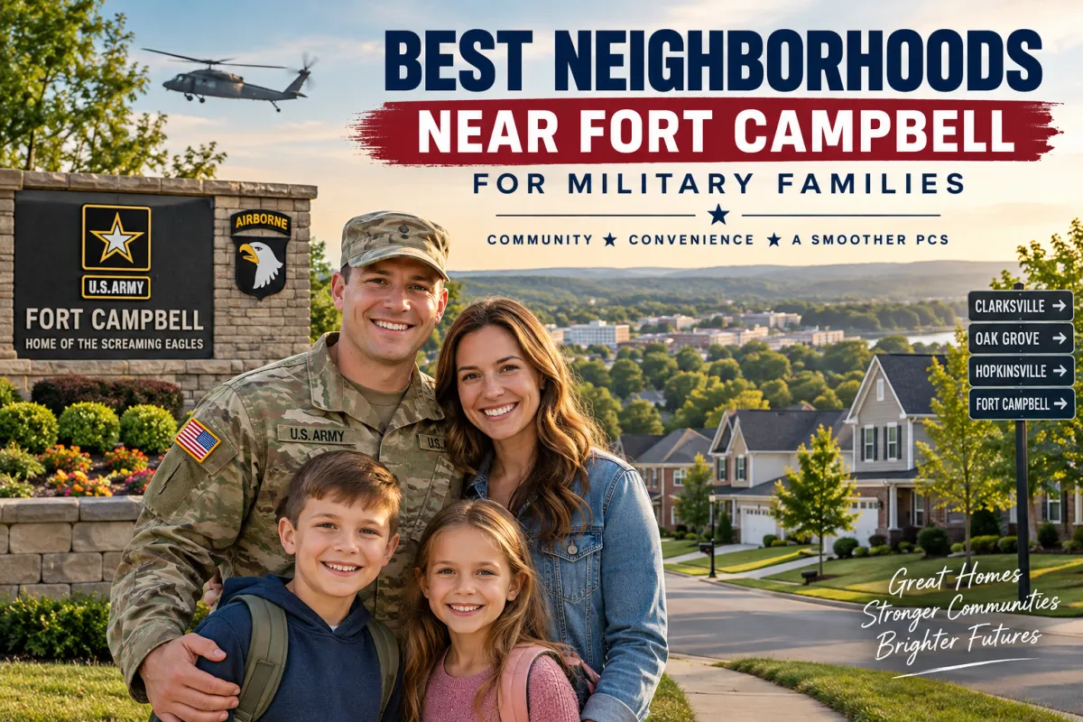 Military family exploring the best neighborhoods near Fort Campbell, including Clarksville, Oak Grove, and Hopkinsville.