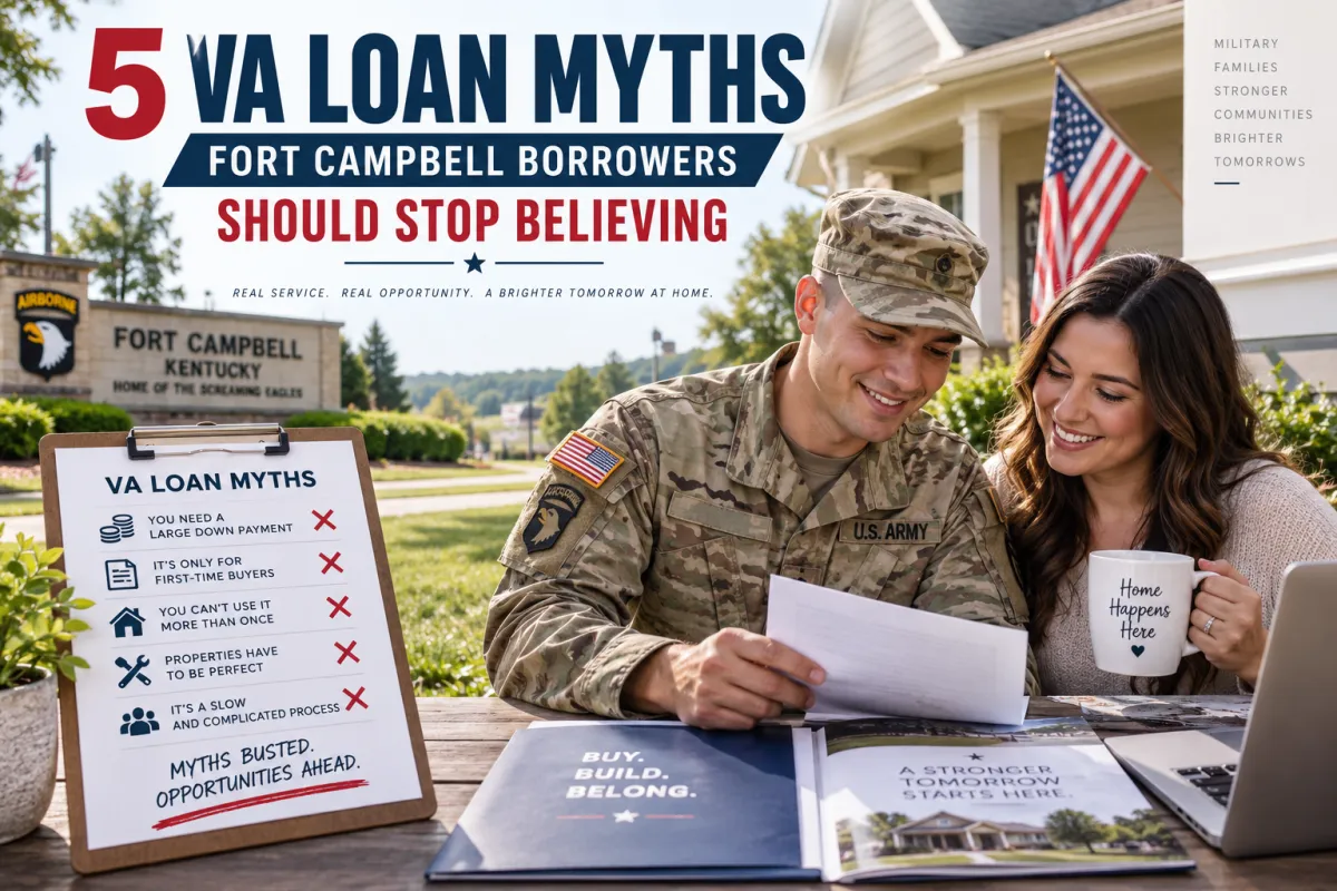 Fort Campbell active-duty couple reviewing a VA loan myths checklist while planning a home purchase
