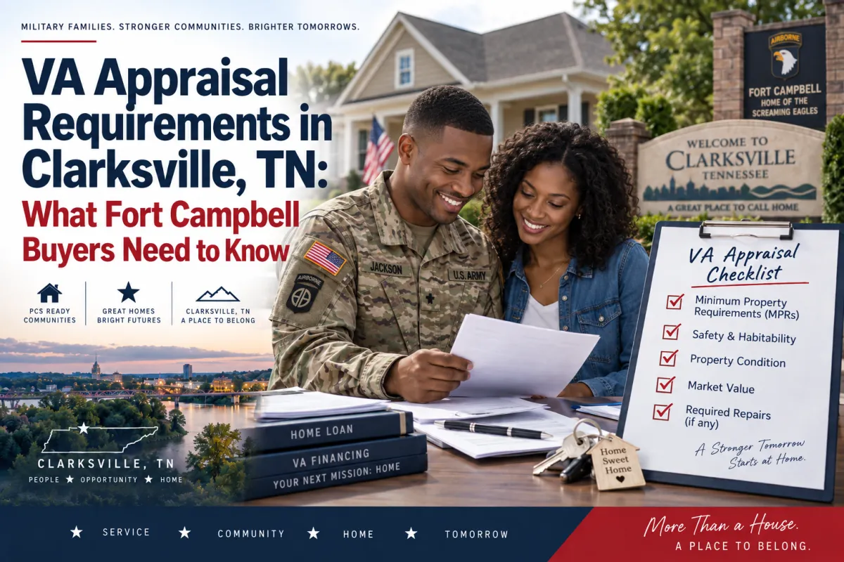 African American Fort Campbell military couple reviewing VA appraisal requirements while buying a home in Clarksville, Tennessee