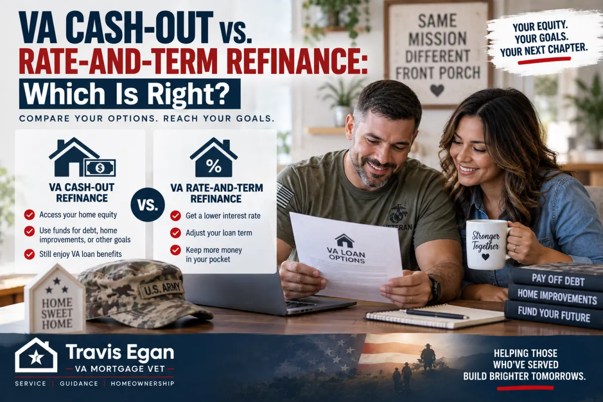 Veteran couple comparing VA cash-out refinance and rate-and-term refinance options at home