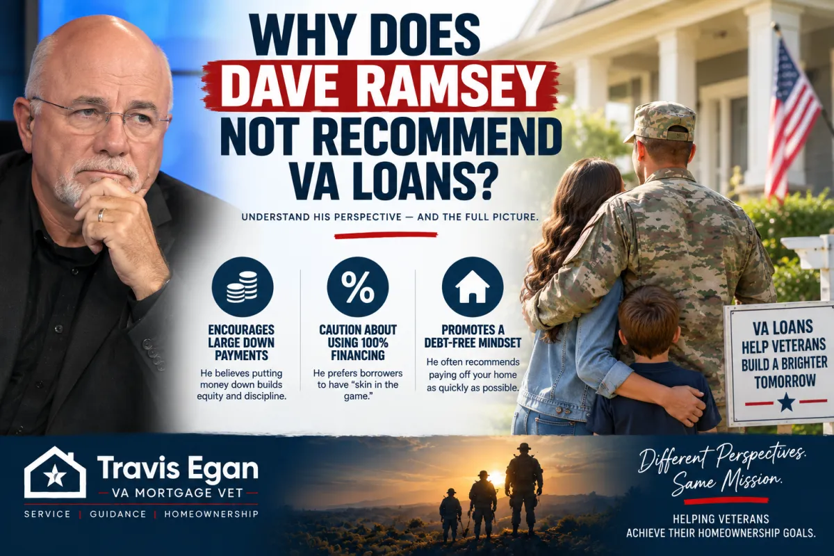 Financial commentator beside a military family with text explaining why Dave Ramsey does not recommend VA loans