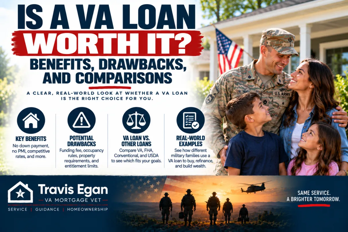 Military family outside their home comparing the benefits, drawbacks, and alternatives of using a VA loan