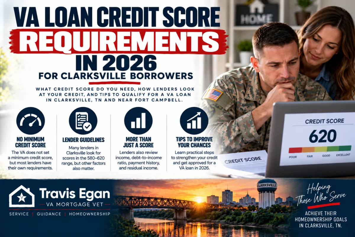Clarksville military borrower reviewing VA loan credit score requirements in 2026 with a 620 credit score example