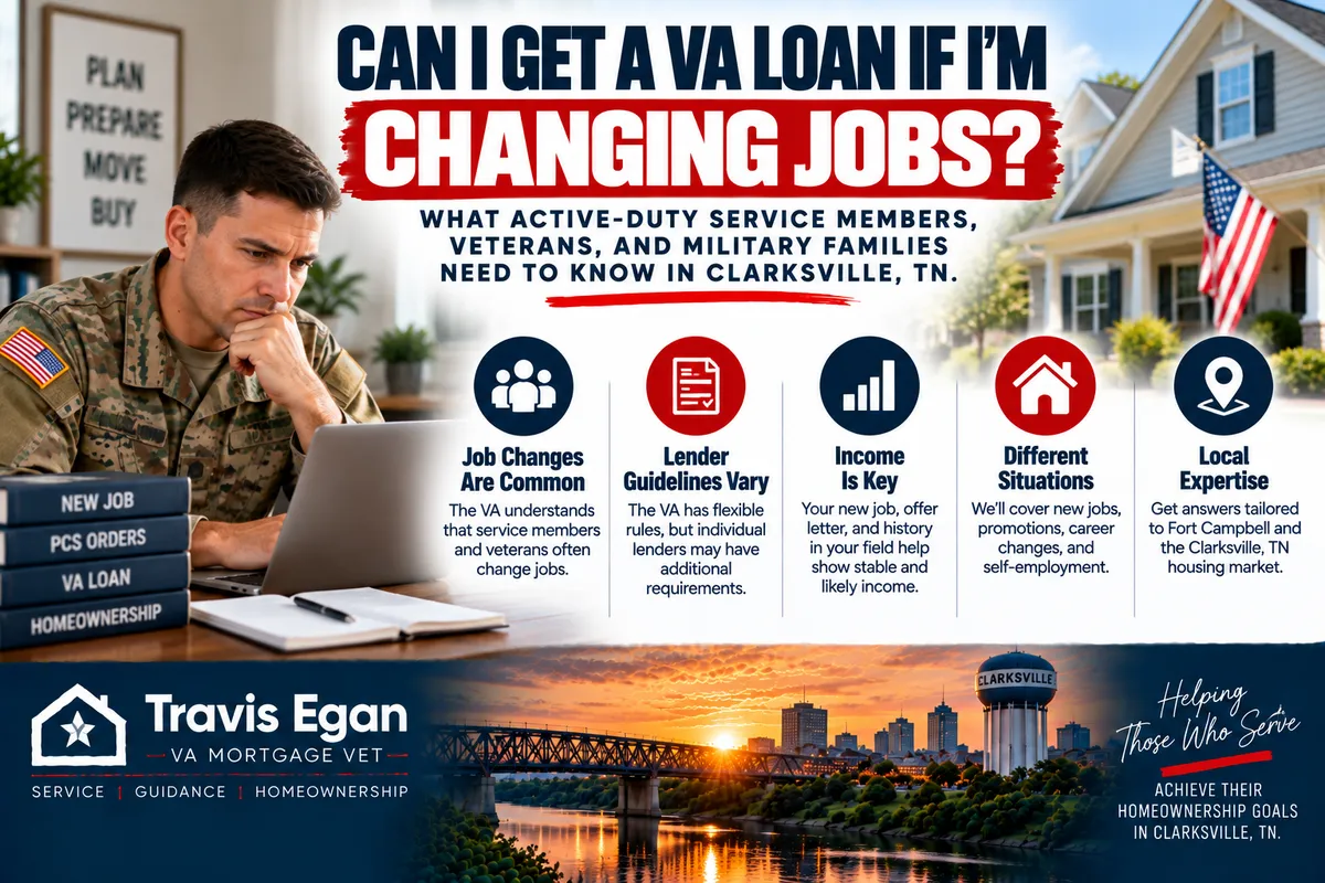 Active-duty service member in Clarksville reviewing a VA loan while changing jobs, with income, lender guidelines, and PCS considerations