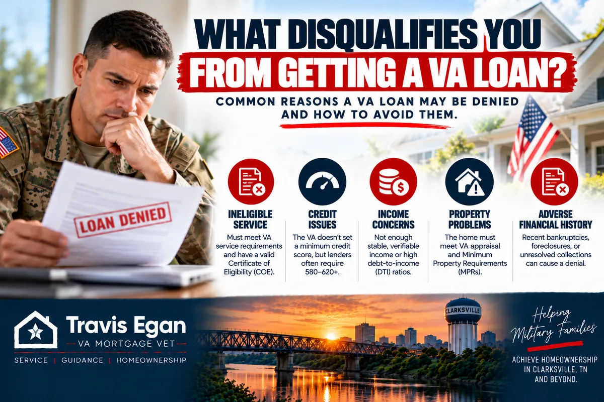 Active-duty service member reviewing a denied VA loan application with common disqualifying factors including eligibility, credit, income, property issues, and financial history