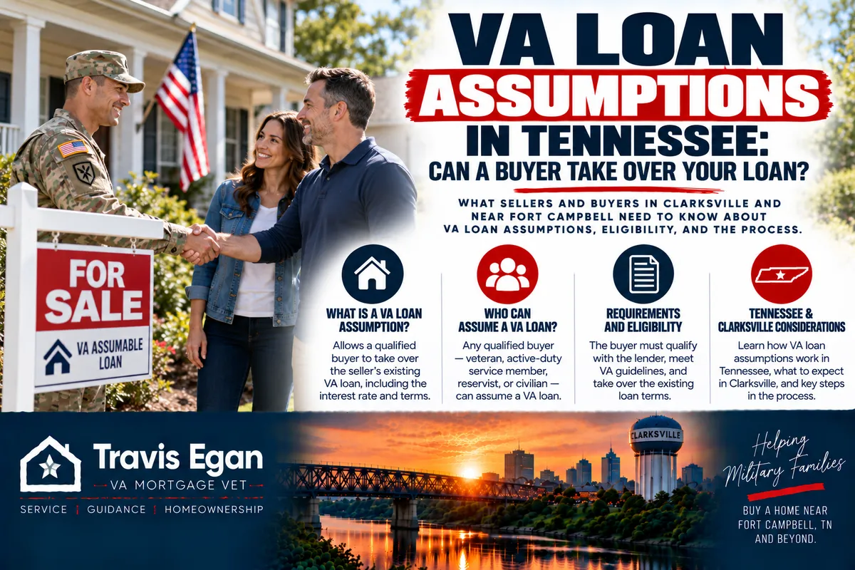 Military home seller and buyer discussing a VA loan assumption in Tennessee, with a home for sale near Clarksville and Fort Campbell
