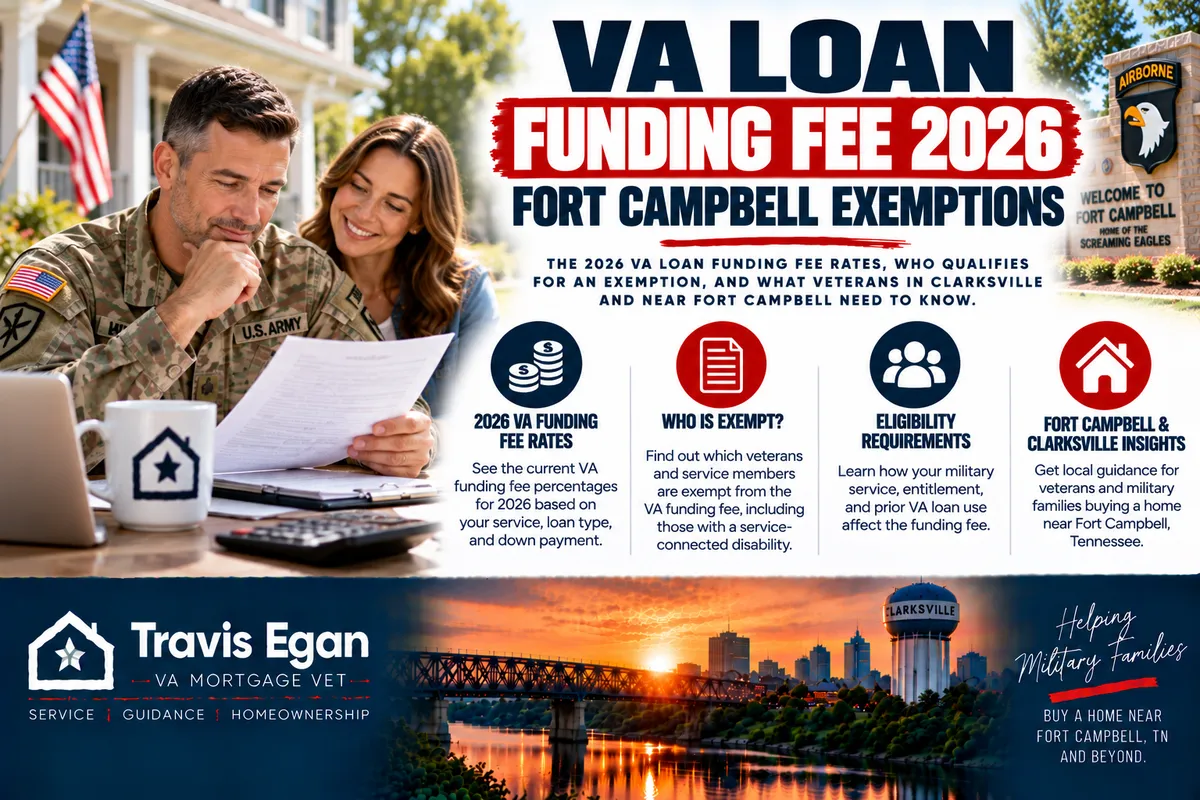 Army service member and spouse reviewing 2026 VA loan funding fee rates and exemption eligibility near Fort Campbell and Clarksville, Tennessee