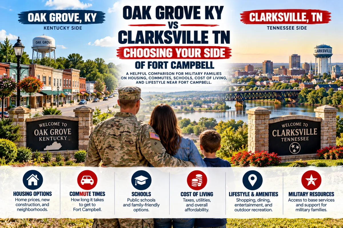 Military family comparing Oak Grove, Kentucky and Clarksville, Tennessee for housing, commute, schools, cost of living, and lifestyle near Fort Campbell