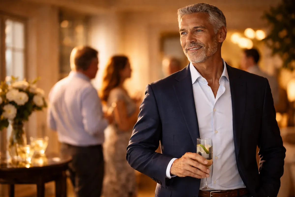 a fit confident man in his 50s at a social gathering