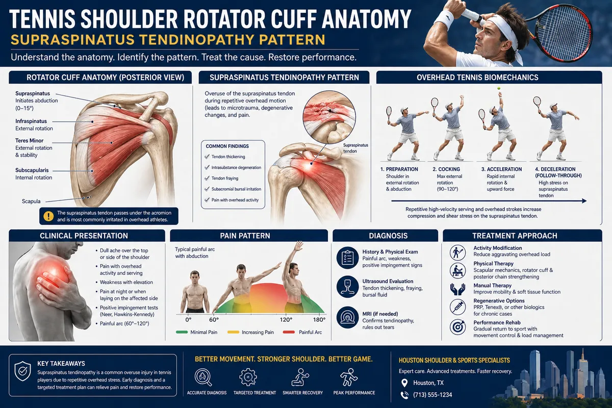 Tennis shoulder rotator cuff anatomy — supraspinatus tendinopathy pattern