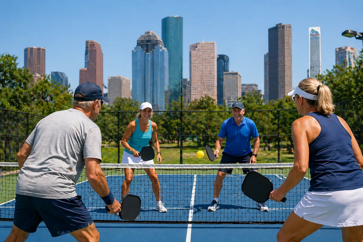 Pickleball court Houston active adults — 50s and 60s players.
