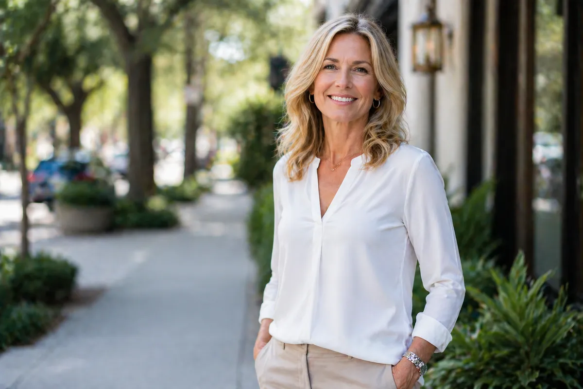 Woman in her 50s confident and energized River Oaks — menopause hormone optimization