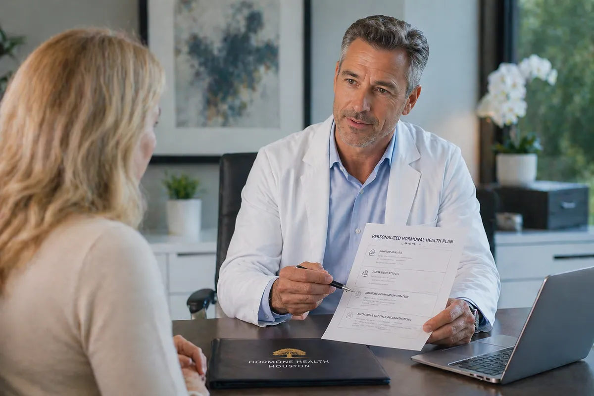Hormone program consultation Houston — physician reviewing individualized hormonal plan