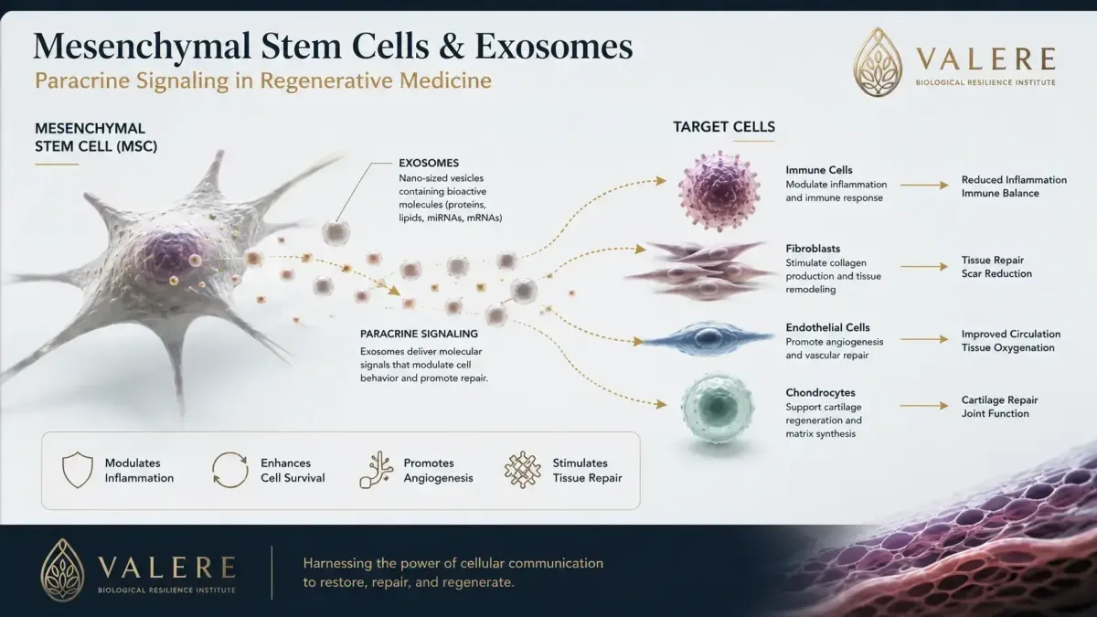 Mesenchymal stem cells and exosomes diagram — paracrine signaling in regenerative medicine
