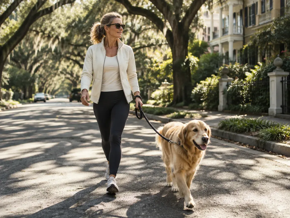 Woman walking her dog on a tree-lined River Oaks street in Houston, representing an active life during physician-led GLP-1 weight loss
