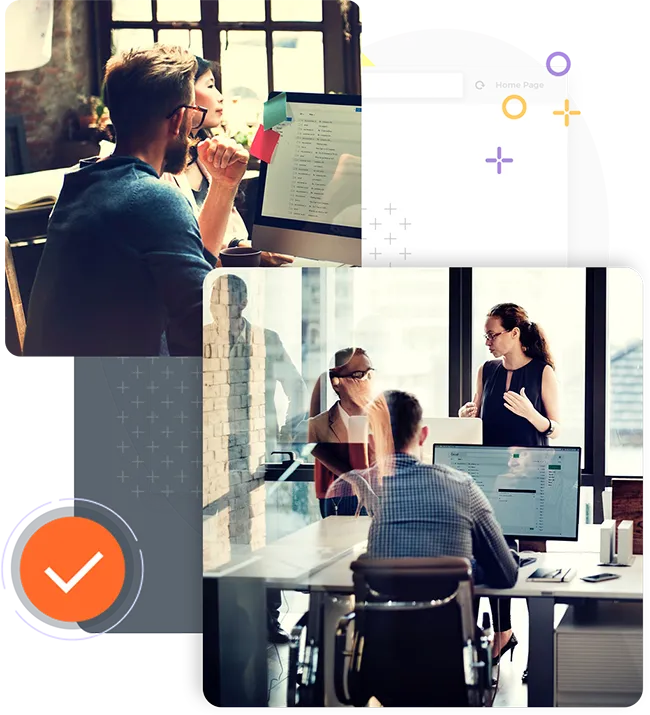 Collage of images and graphic icons that show people collaborating through their screens and in person to enhance the messaging of SEO