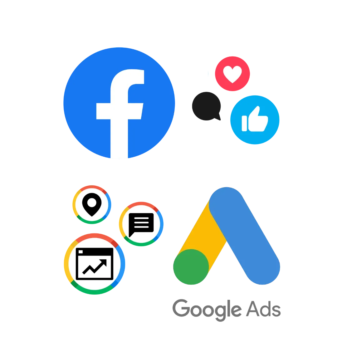 Graphic featuring Facebook and Google Ads icons with symbols representing location, analytics, messaging, likes, and engagement. Highlights digital advertising tools for targeted marketing and social media interaction.