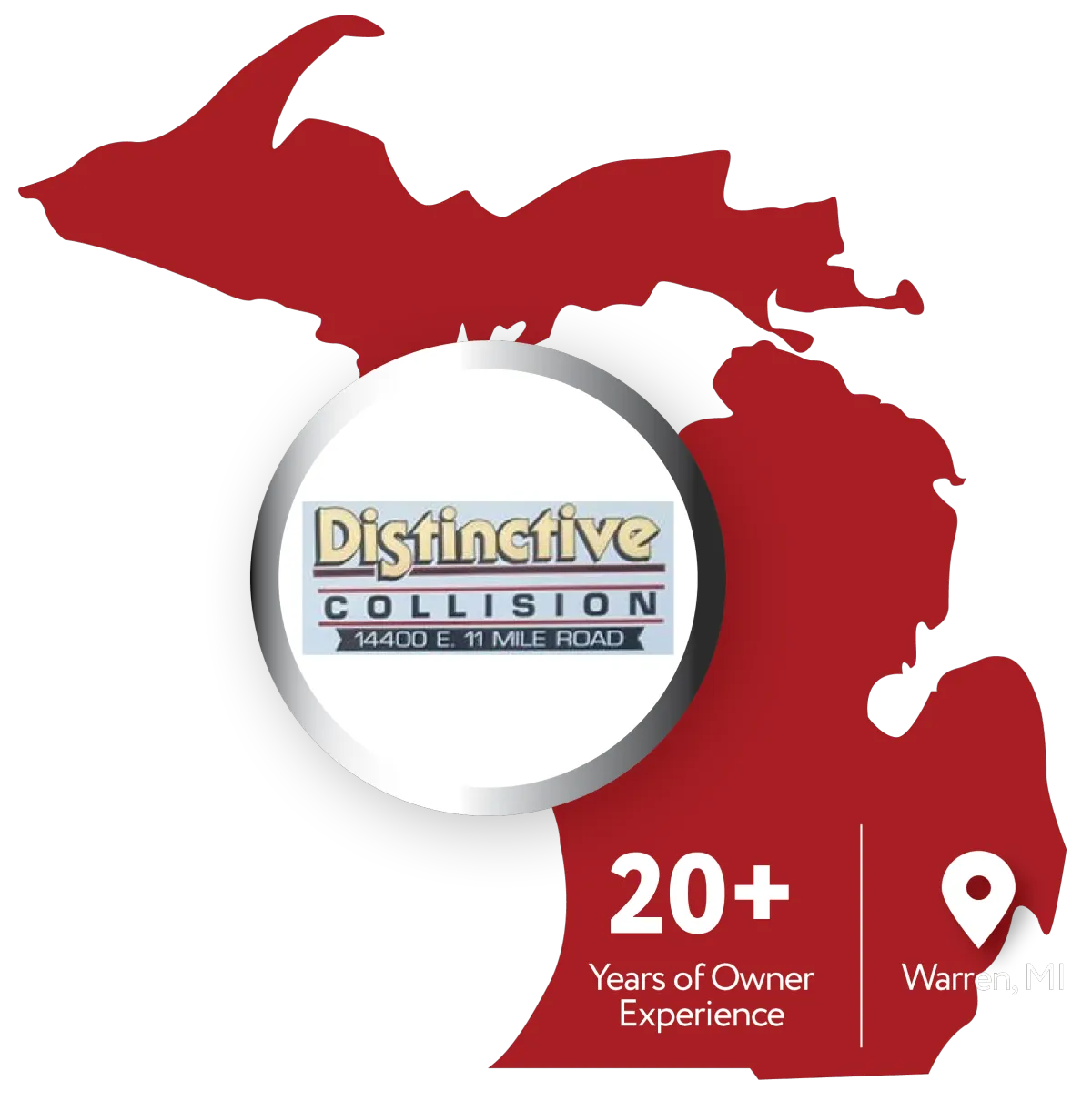 Graphic of Michigan map with information about Distinctive Collision, an auto body shop business in Warren, MI, highlighting 20 years of owner experience. Includes the slogan 'Distinctive Collision 14400 E. 11 Mile Road" logo