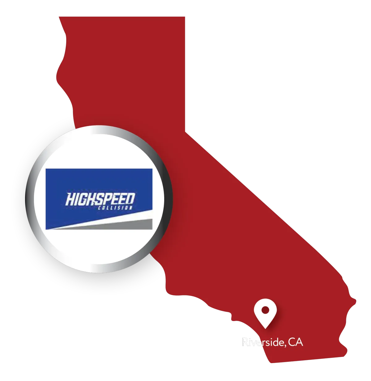 Graphic of California map with information about HighSpeed Colli, an auto body shop business in Riverside CA. Includes the slogan 'HighSpeed Collision' logo.