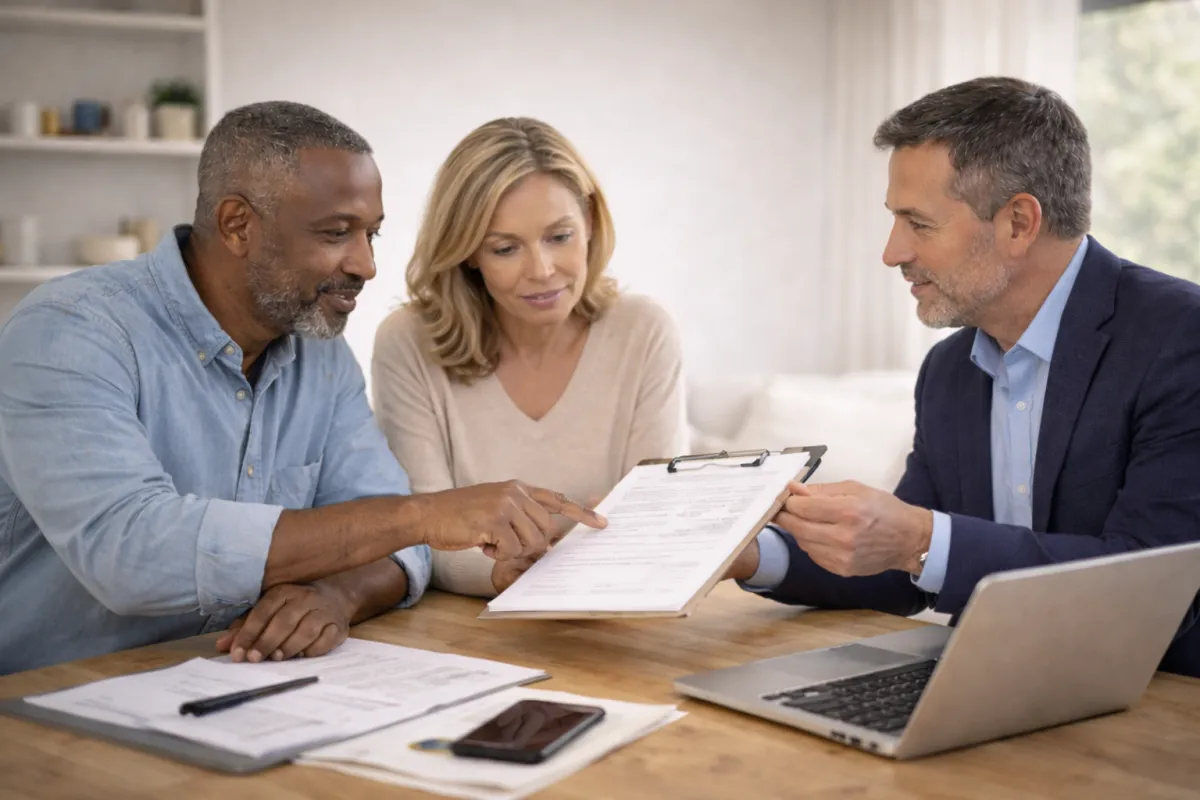 Latin American family meeting with a real estate consultant, illustrating property submission, internal review, follow-up conversation, and decision-making; staged, friendly scene