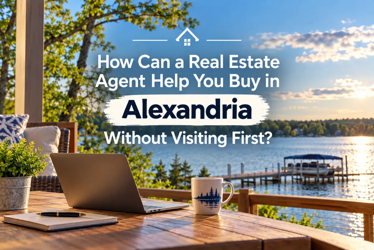 Scenic Alexandria, Minnesota lakefront setting with a laptop and coffee on a lakeside deck, illustrating how a local Realtor helps buyers purchase homes remotely through virtual tours and expert guidance in Minnesota lake country.
