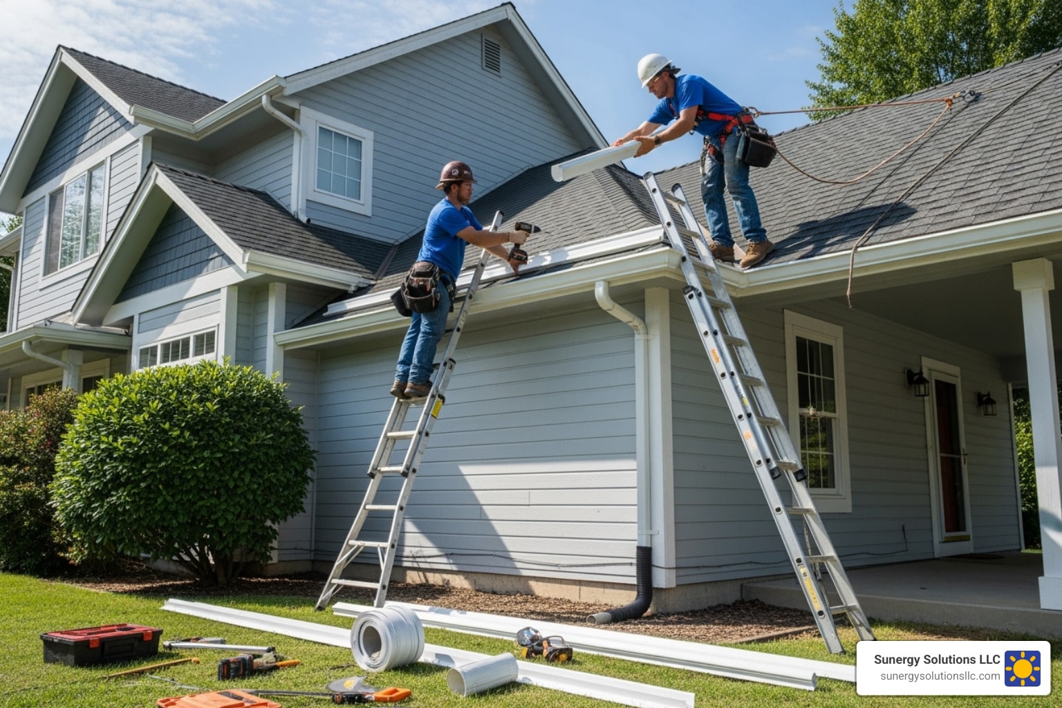 Modern building with antennas against orange sky